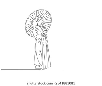 Continuous one line drawing of japanese woman wearing kimono. One line drawing illustration of woman wear kimono holding umbrella. Japanese culture concept single line. Editable outline