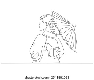 Continuous one line drawing of japanese woman wearing kimono. One line drawing illustration of woman wear kimono holding umbrella. Japanese culture concept single line. Editable outline