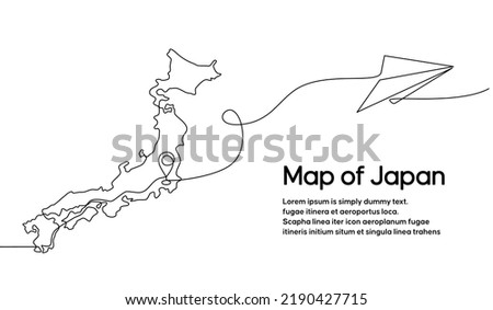 Continuous one line drawing of Japanese domestic aircraft flight routes. Japan map icon and airplane path of airplane flight route with starting point location and single line trail in doodle style.