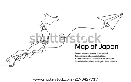 Continuous one line drawing of Japanese domestic aircraft flight routes. Japan map icon and airplane path of airplane flight route with starting point location and single line trail in doodle style.