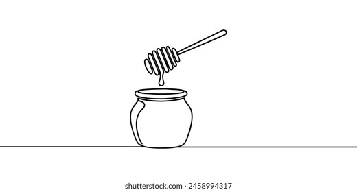 Continuous one line drawing of jar with delicious fresh honey icon in silhouette on a white background. Linear stylized