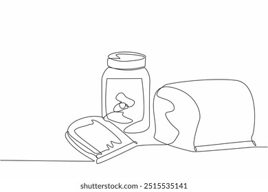 Continuous one line drawing jar of peanut butter and bread smeared with it. Healthy and delicious breakfast menu. Nutrition. National Peanut Butter Day. Single line draw design vector illustration