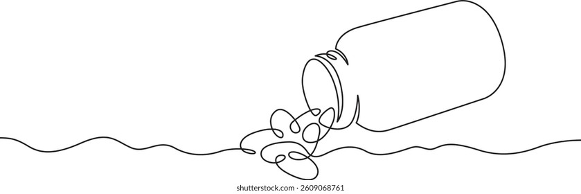 Continuous one line drawing jar with pills.Tablets and pills.Bottle of medicine.
One continuous line isolated minimal illustration.Not AI.