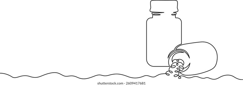 Continuous one line drawing jar with pills.Tablets and pills.Bottle of medicine.
One continuous line isolated minimal illustration.Not AI.