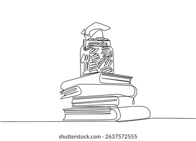Continuous one line drawing jar full of coins with graduation cap, underneath it is a pile of thick books. Scholarship. Education fee. College Savings Day. Single line draw design vector illustration