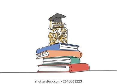 Continuous one line drawing jar full of coins with graduation cap, underneath it is a pile of thick books. Scholarship. Education fee. College Savings Day. Single line draw design vector illustration