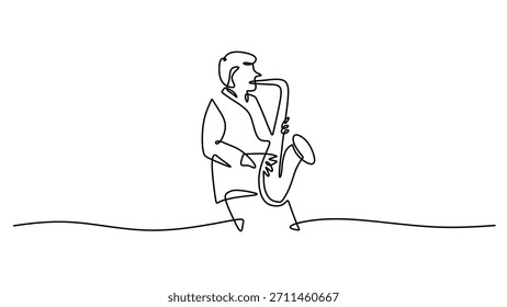 Kontinuierliche einzeilige Zeichnung eines Jazzmusikers. Ein Künstler spielt Saxophon, ein einfaches und ausdrucksstarkes Konzept eines Live-Konzerts. Vektorgrafik minimalistisch.