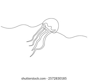 Continuous one line drawing of jellyfish. Single line drawing illustration of jellyfish. Concept vector art. Doodle line illustration.
