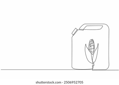 Continuous one line drawing the jerrican with corn image. Green energy. New and renewable energy. Will not damage the ecosystem. National Biodiesel Day. Single line draw design vector illustration