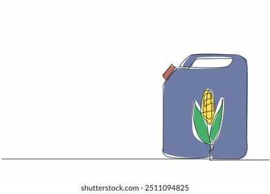 Continuous one line drawing the jerrican with corn image. Green energy. New and renewable energy. Will not damage the ecosystem. National Biodiesel Day. Single line draw design vector illustration