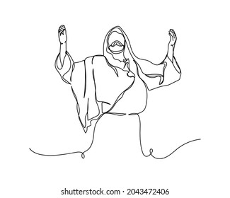 Continuous one line drawing of Jesus Christ praying to God Christmas concept icon in silhouette on a white background. Linear stylized.