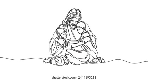 continuous one line drawing of Jesus Christ hugging a child. Vector illustration.