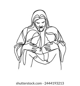 continuous one line drawing of Jesus Christ hugging a child. Vector illustration.