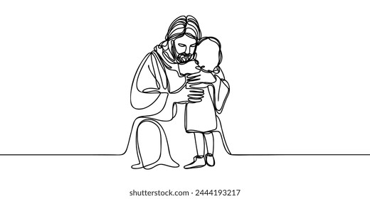 continuous one line drawing of Jesus Christ hugging a child. Vector illustration.