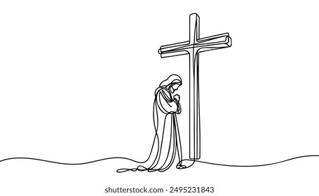 Continuous one line drawing of Jesus prays at the cross.