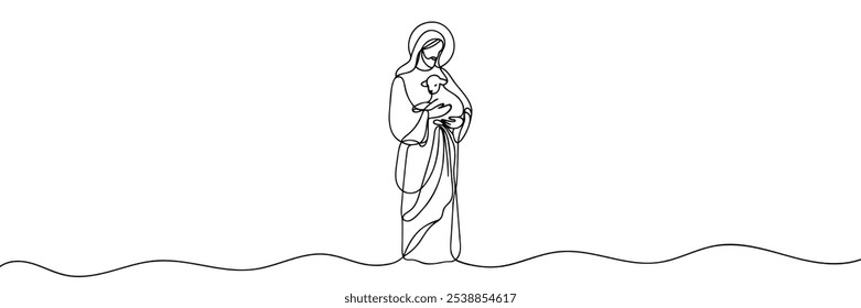 Continuous one line drawing of Jesus Christ holding a lamb in his arms.