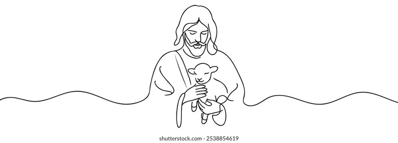 Continuous one line drawing of Jesus Christ holding a lamb in his arms.