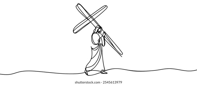 Continuous one line drawing of Jesus Christ carrying the cross-vector illustration