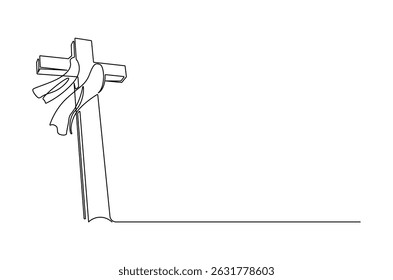 Continuous one line drawing of Jesus crucifixion wrapped around a flying cloth. Single line drawing illustration of Cross with cloth. Happy Ascension Day concept vector art. Doodle line illustration.