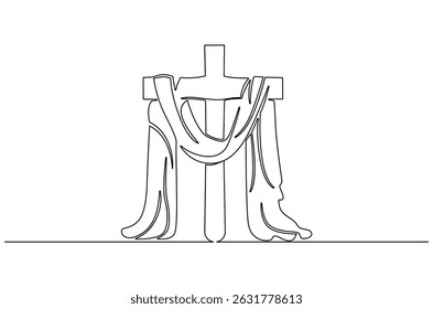 Um desenho contínuo de uma linha da crucificação de Jesus envolto em torno de um pano voador. Ilustração de desenho de linha única de Cruz com pano. Feliz Dia da Ascensão conceito de arte vetorial. Desenho ilustração linha.