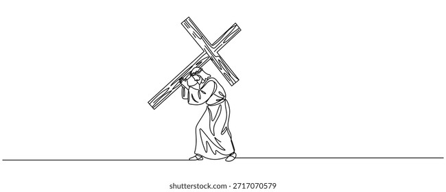 Continuous one line drawing of Jesus Christ carrying the cross- crucifix vector illustration Editable stroke