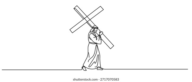 Continuous one line drawing of Jesus Christ carrying the cross- crucifix vector illustration Editable stroke