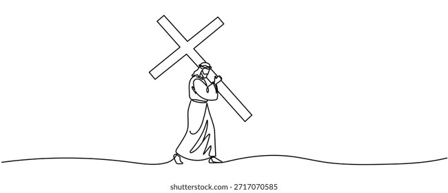 Continuous one line drawing of Jesus Christ carrying the cross- crucifix vector illustration Editable stroke