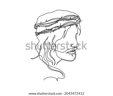 Continuous one line drawing of Jesus Christ wearing a crown  of thorns icon in silhouette on a white background. Linear stylized.