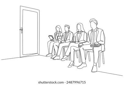 Continuous one line drawing of job applicants waiting outside interview room, job interview concept, single line art.