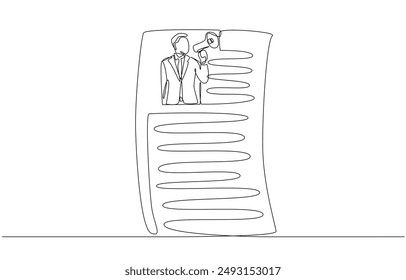 Continuous one line drawing of job applicant speaking through megaphone inside resume paper, job application concept, single line art.