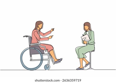 Continuous one line drawing job interview for people with disabilities. Disabled woman sitting in wheelchair, accepting hired contract with female employer. Job interviews. Single line design vector
