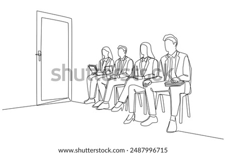 Continuous one line drawing of job applicants waiting outside interview room, job interview concept, single line art.