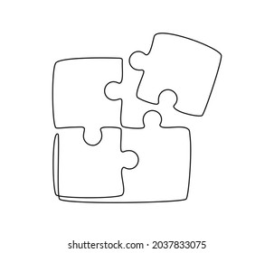 Continuous One Line Drawing Of A Joined Pieces Of Puzzle Game. Group Teamwork, Cooperation And Business Strategy Concept In Doodle Style. Editable Stroke. Linear Vector Illustration