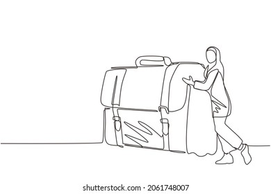 Continuous one line drawing joyful Arabian businesswoman hugs suitcase with money. Arab boss and case with cash. Successful business pleasure goal. Single line draw design vector graphic illustration