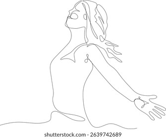 Continuous one line drawing of a joyful woman with open arms. Minimalist artwork symbolizing freedom, happiness, and feminine grace.