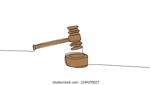 Continuous one line drawing of judge wood hammer. Minimalist linear design isolated on white background. Justice concept. Trendy vector illustration