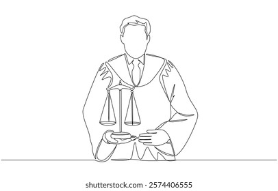 Continuous one line drawing of judge holding balance scale in his hand, law and justice concept, single line art