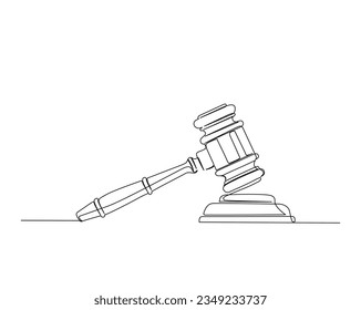 Continuous one line drawing of Judge's hammer over the the block. Law hammer outline vector illustration.  