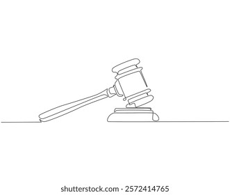 Continuous one line drawing of judge's gavel. One line drawing illustration of judge's hammer on the block. Lawyer, justice, court concept single line. Editable outline