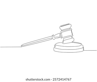 Continuous one line drawing of judge's gavel. One line drawing illustration of judge's hammer on the block. Lawyer, justice, court concept single line. Editable outline