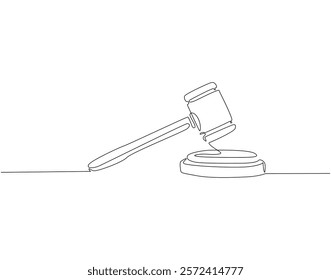 Continuous one line drawing of judge's gavel. One line drawing illustration of judge's hammer on the block. Lawyer, justice, court concept single line. Editable outline