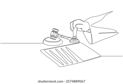 Continuous one line drawing of judge's hand stamping document, law and judgement concept, single line art