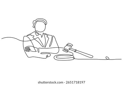 Um desenho contínuo de uma linha do martelo do juiz colocado sobre o bloco. Martelos de lei na ilustração vetorial de contorno único. Traçado editável.