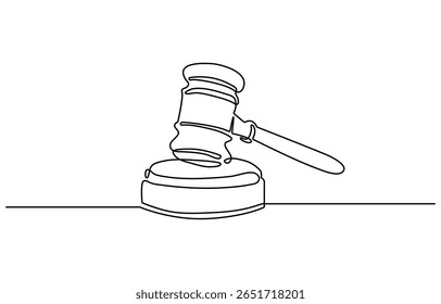 Continuous one line drawing of judge's hammer put over the the block. Law hammer in single outline vector illustration. Editable stroke.