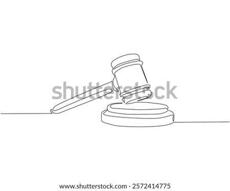 Continuous one line drawing of judge's gavel. One line drawing illustration of judge's hammer on the block. Lawyer, justice, court concept single line. Editable outline