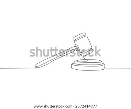 Continuous one line drawing of judge's gavel. One line drawing illustration of judge's hammer on the block. Lawyer, justice, court concept single line. Editable outline