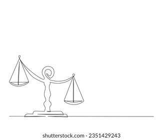 El trazado continuo de una línea de escalas judiciales. Ilustración vectorial del símbolo Libra. Trazo editable. 