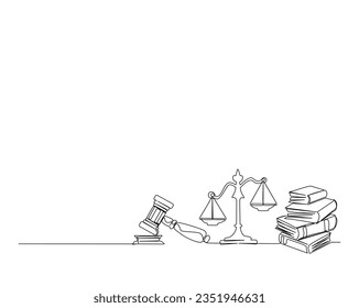 Continuous one line drawing of judicial scales and hammer. Books, justice hammer and scales outline vector illustration. Editable stroke. 