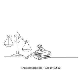 Un plano continuo de una línea de escalas judiciales y martillo. el martillo de justicia y las escalas esbozan la ilustración vectorial. Trazo editable. 