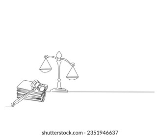 Un plano continuo de una línea de escalas judiciales y martillo. el martillo de justicia y las escalas esbozan la ilustración vectorial. Trazo editable. 